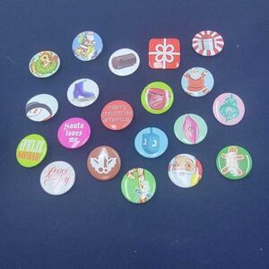 20 Christmas Holiday Mini Pins Buttons Festive Santa Snowman Gingerbread Candy 1